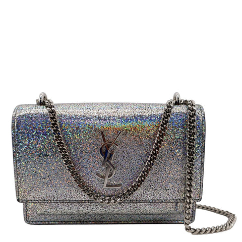 YVES SAINT LAURENT Sunset Crackled Metallic Leather Crossbody Bag Silver