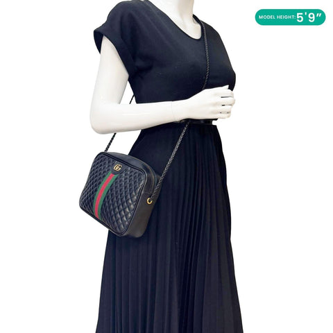 GUCCI Trapuntata Small Web Calfskin Leather Camera Shoulder Bag Black 541051