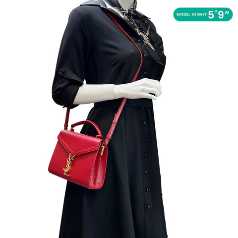 YVES SAINT LAURENT Cassandra Mini Grain De Poudre Leather Top Handle Shoulder Bag Red