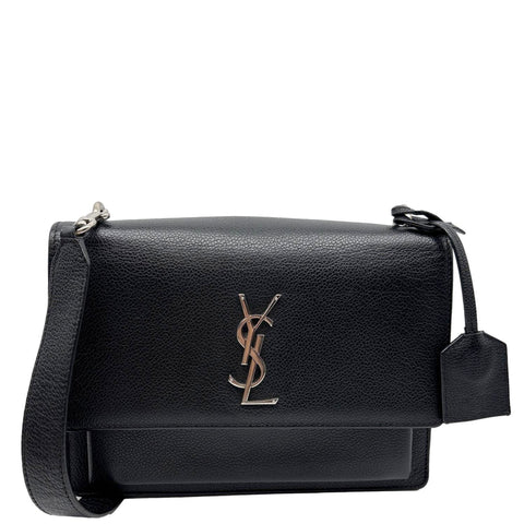 YVES SAINT LAURENT Sunset Medium Grain De Poudre Leather Shoulder Bag Black