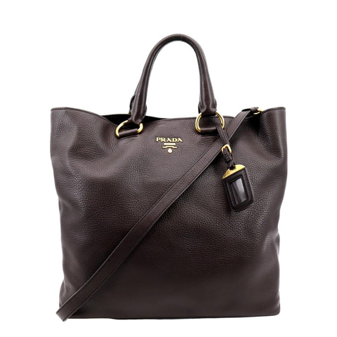 PRADA Vitello Daino Leather Tote Shoulder Bag Dark Brown