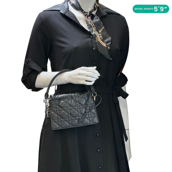 CHRISTIAN DIOR Lady Dior Milly Preta Mini Cannage Lambskin Leather Shoulder Bag Black