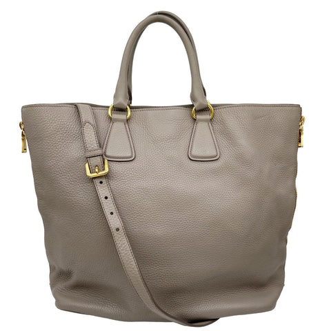 PRADA Vitello Daino Side Zip Large Leather Shopper Tote Bag Beige