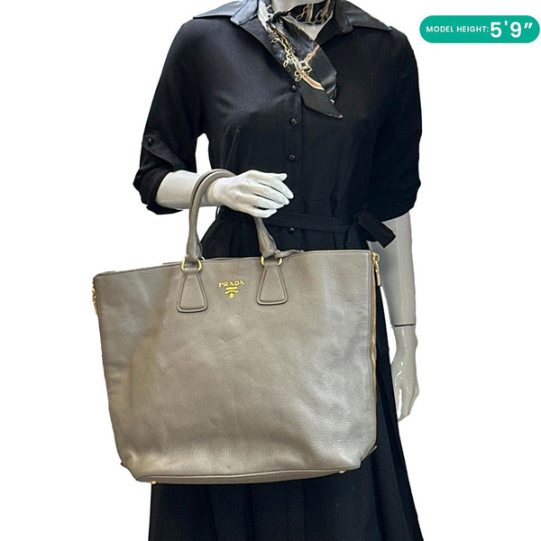 PRADA Vitello Daino Side Zip Large Leather Shopper Tote Bag Beige