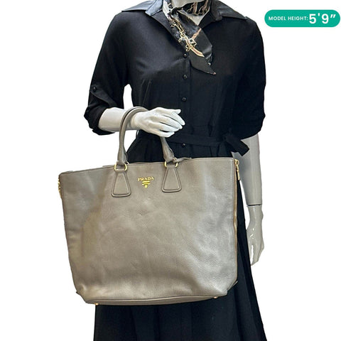 PRADA Vitello Daino Side Zip Large Leather Shopper Tote Bag Beige