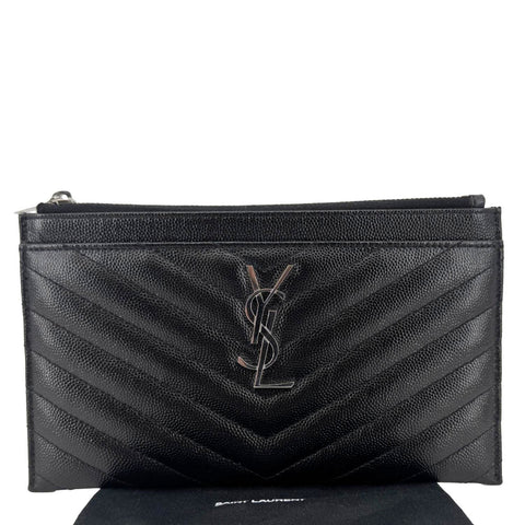 YVES SAINT LAURENT Monogram Bill Grain De Poudre Chevron Leather Zip Pouch Black