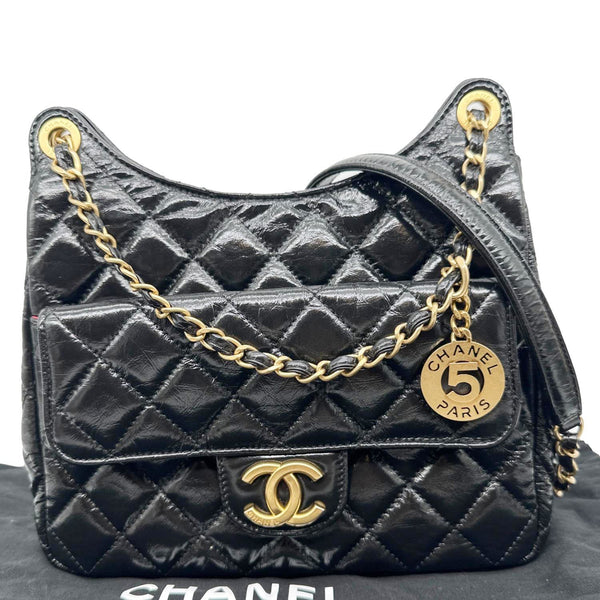 CHANEL Wavy CC Shiny Crumpled Calfskin Leather Hobo Bag Black