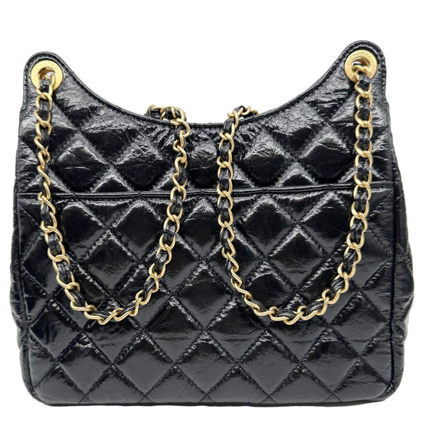 CHANEL Wavy CC Shiny Crumpled Calfskin Leather Hobo Bag Black