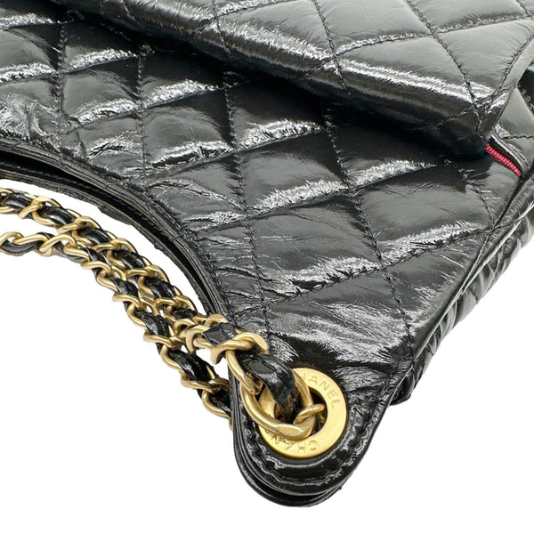 CHANEL Wavy CC Shiny Crumpled Calfskin Leather Hobo Bag Black