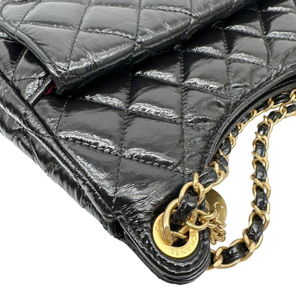 CHANEL Wavy CC Shiny Crumpled Calfskin Leather Hobo Bag Black