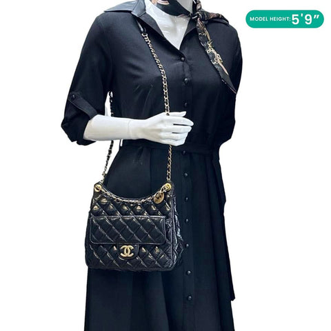 CHANEL Wavy CC Shiny Crumpled Calfskin Leather Hobo Bag Black