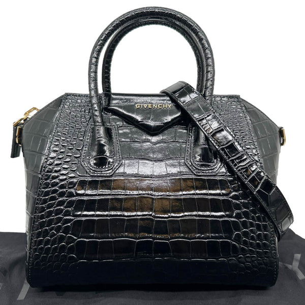 GIVENCHY Antigona Crocodile Embossed Leather Shoulder Bag Black