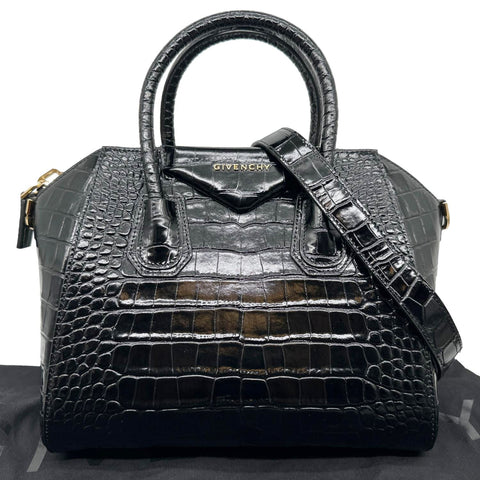 GIVENCHY Antigona Crocodile Embossed Leather Shoulder Bag Black