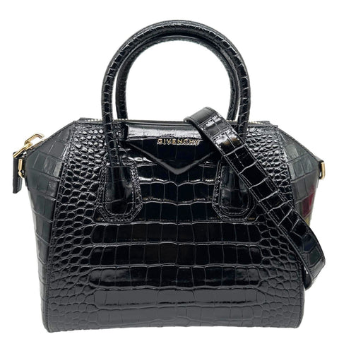 GIVENCHY Antigona Crocodile Embossed Leather Shoulder Bag Black