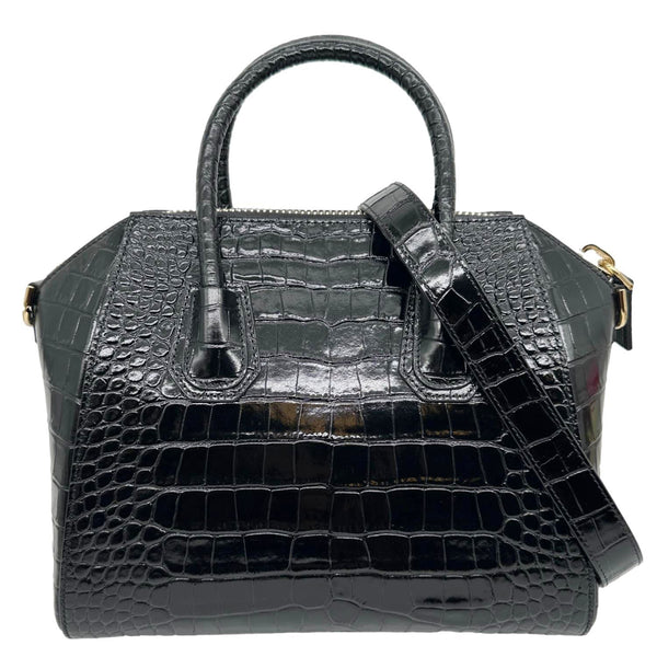 GIVENCHY Antigona Crocodile Embossed Leather Shoulder Bag Black
