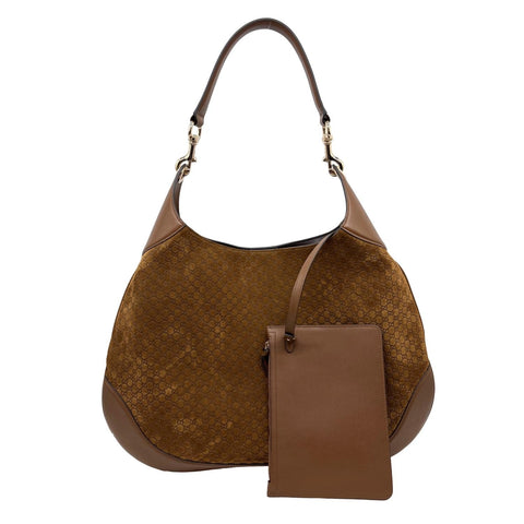 GUCCI  B Large GG Suede Hobo Bag Brown 815924