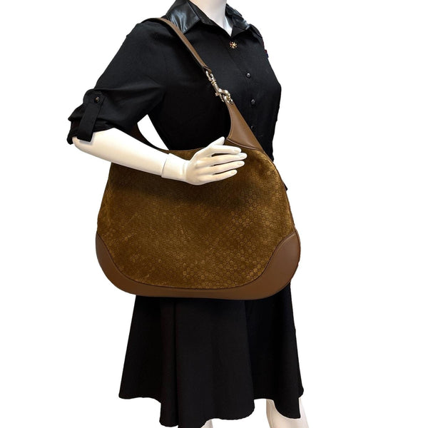GUCCI  B Large GG Suede Hobo Bag Brown 815924
