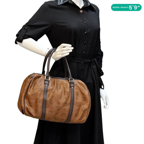 MCM Visetos Canvas Boston Bag Cognac