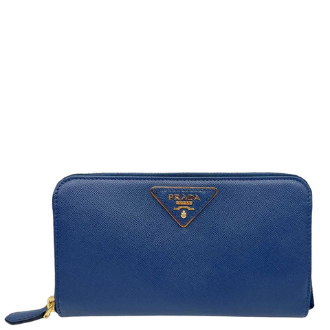PRADA Zip Around Saffiano Leather Wallet Blue