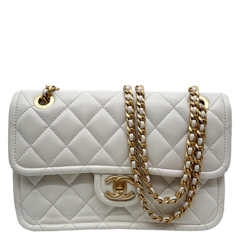 CHANEL Classic Flap Sweet Medium Quilted Caviar Leather Shoulder Bag White