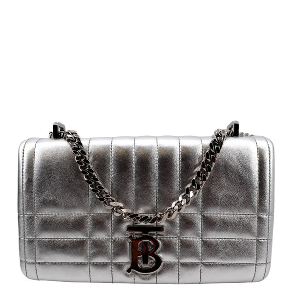 BURBERRY Lola Small Quilted Metallic Leather Shoulder Bag Silver
