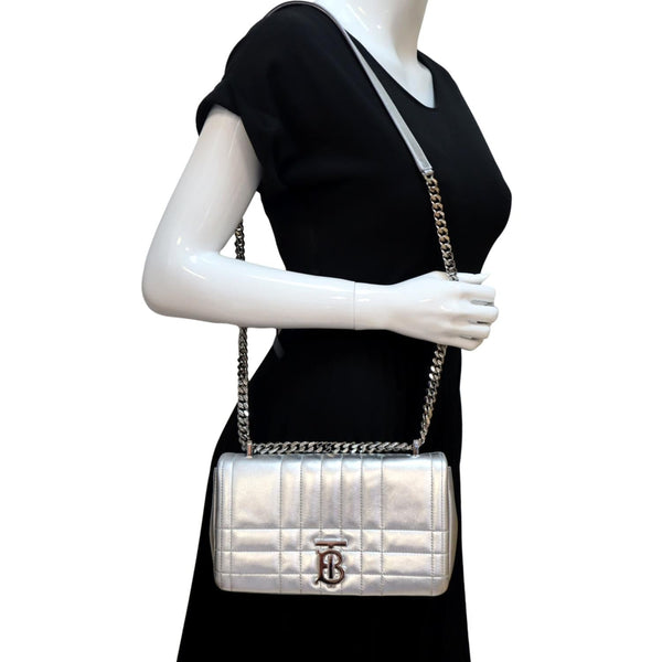 BURBERRY Lola Small Quilted Metallic Leather Shoulder Bag Silver
