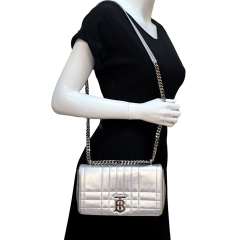 BURBERRY Lola Small Quilted Metallic Leather Shoulder Bag Silver