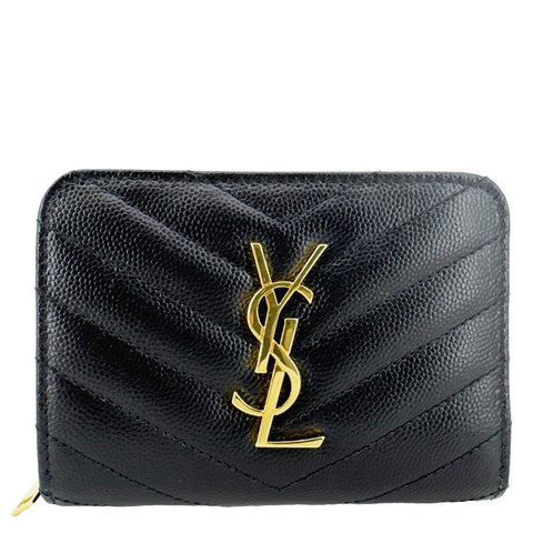 YVES SAINT LAURENT Cassandre Leather Zip Around Compact Wallet Black