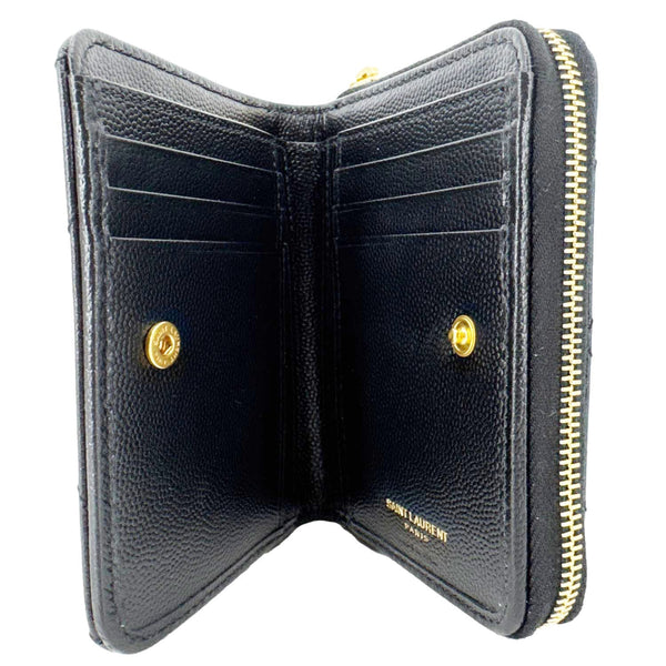 YVES SAINT LAURENT Cassandre Leather Zip Around Compact Wallet Black