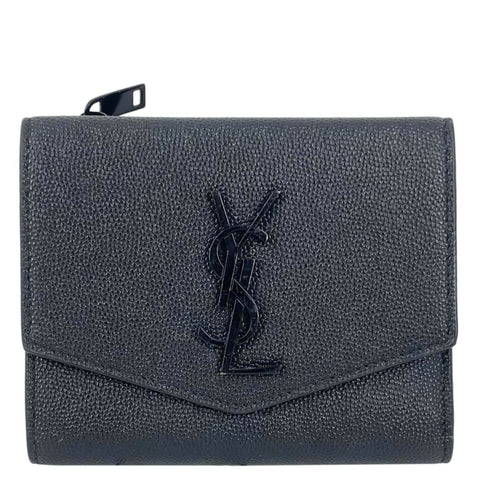 YVES SAINT LAURENT Uptown Compact Flap Grained Leather Wallet Black