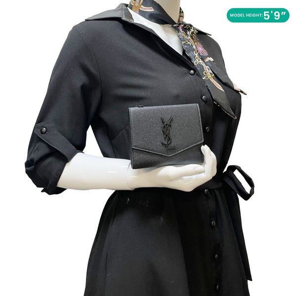 YVES SAINT LAURENT Uptown Compact Flap Grained Leather Wallet Black