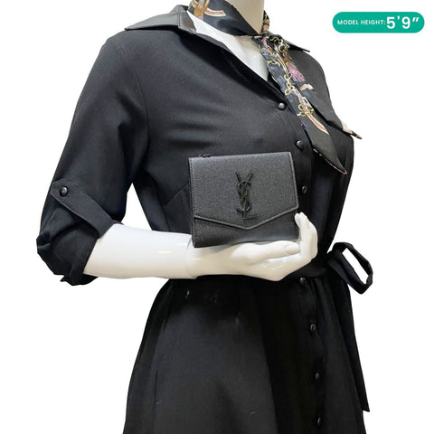 YVES SAINT LAURENT Uptown Compact Flap Grained Leather Wallet Black