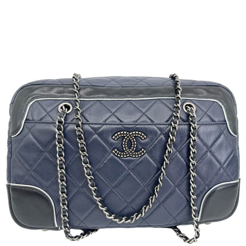 CHANEL Medium Two Tone Quilted Calfskin Leather Chain Camera Crossbody Bag Blue