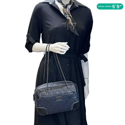 CHANEL Medium Two Tone Quilted Calfskin Leather Chain Camera Crossbody Bag Blue