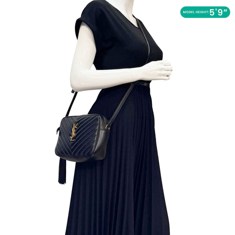 YVES SAINT LAURENT Lou Chevron Leather Camera Bag Black