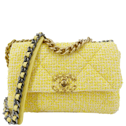 CHANEL 19 Flap Small Quilted Tweed Shoulder Bag Yellow