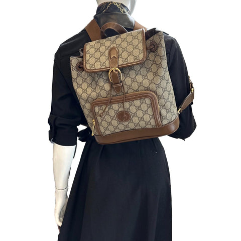 GUCCI Retro Interlocking G Buckle GG Supreme Azalea Calfskin Backpack Beige 674147