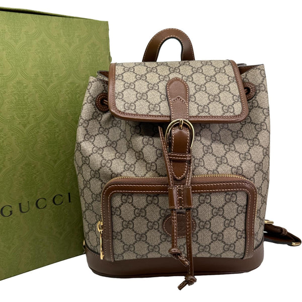 GUCCI Retro Interlocking G Buckle GG Supreme Azalea Calfskin Backpack Beige 674147