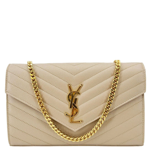 YVES SAINT LAURENT Cassandre Leather Wallet On Chain Crossbody Bag Nude Powder