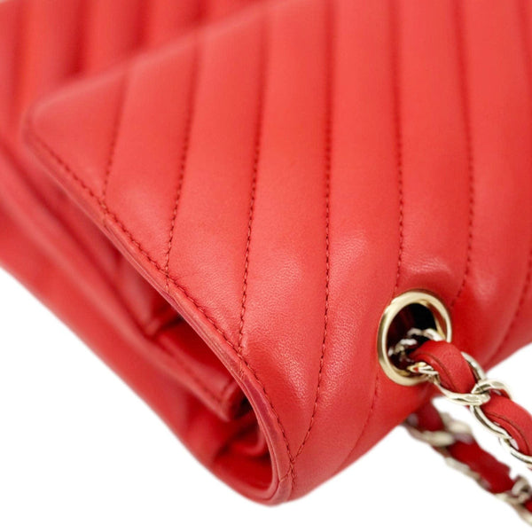 CHANEL Classic Double Flap Medium Chevron Leather Shoulder Bag Orange