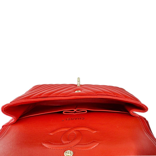 CHANEL Classic Double Flap Medium Chevron Leather Shoulder Bag Orange