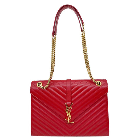 YVES SAINT LAURENT Envelope Flap Chevron Grain De Poudre Chain Shoulder Bag Red