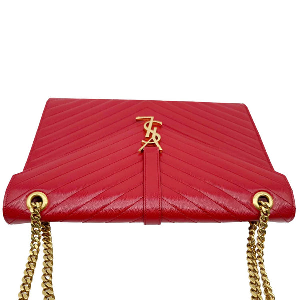 YVES SAINT LAURENT Envelope Flap Chevron Grain De Poudre Chain Shoulder Bag Red