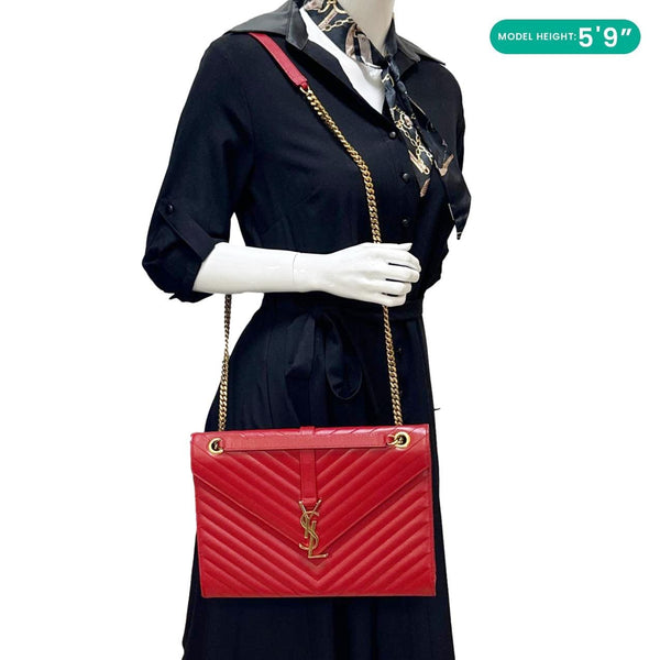 YVES SAINT LAURENT Envelope Flap Chevron Grain De Poudre Chain Shoulder Bag Red