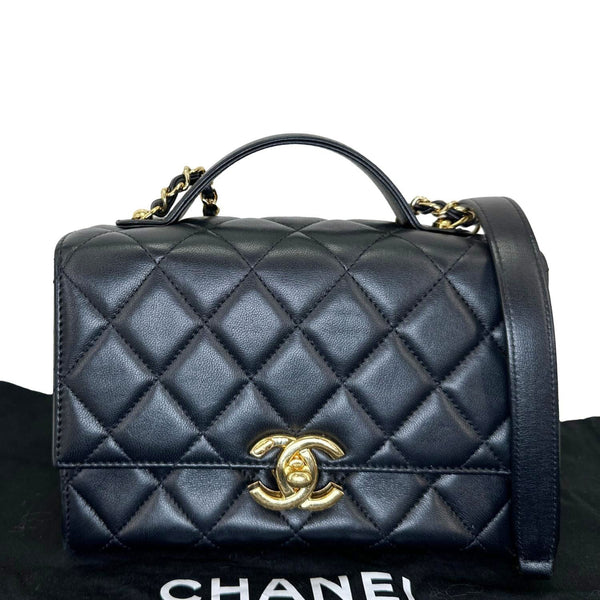 CHANEL Plate Flap Mini Quilted Lambskin Leather Top Handle Crossbody Bag Black