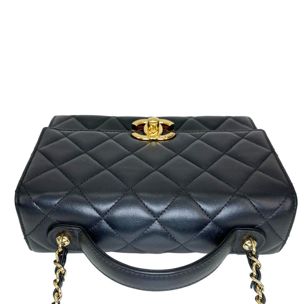 CHANEL Plate Flap Mini Quilted Lambskin Leather Top Handle Crossbody Bag Black