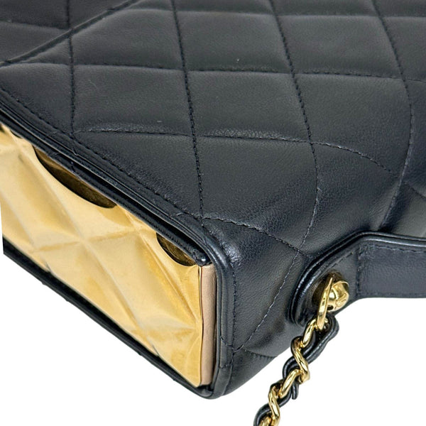 CHANEL Plate Flap Mini Quilted Lambskin Leather Top Handle Crossbody Bag Black