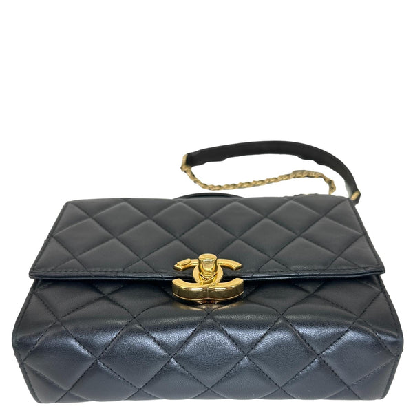 CHANEL Plate Flap Mini Quilted Lambskin Leather Top Handle Crossbody Bag Black