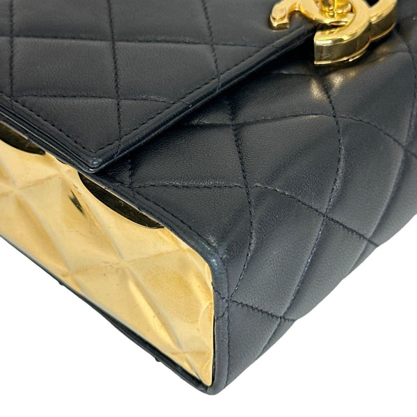 CHANEL Plate Flap Mini Quilted Lambskin Leather Top Handle Crossbody Bag Black