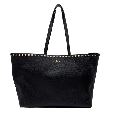 VALENTINO Garavani Rockstud Grained Calfskin Leather Shopping Tote Black